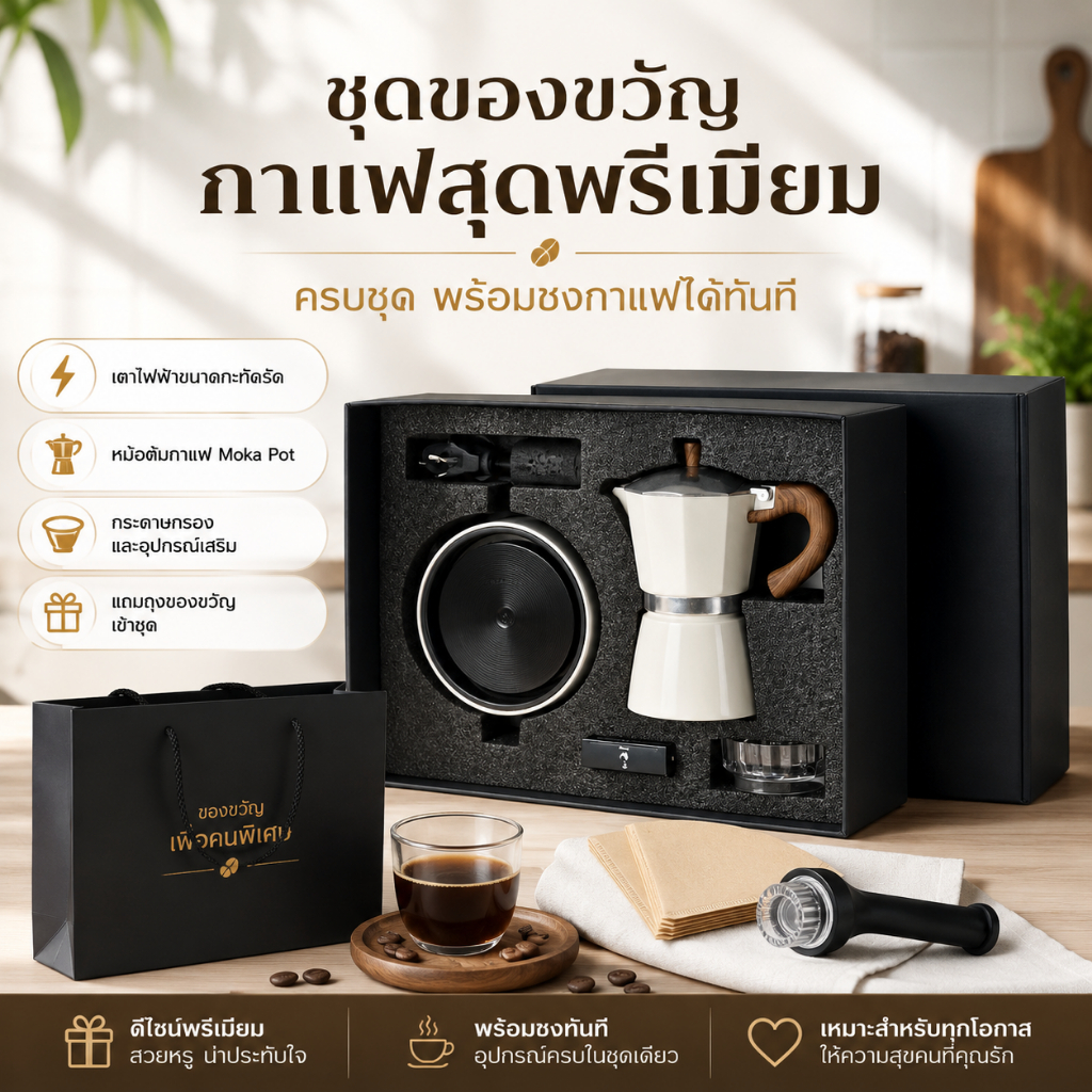 ชุดของขวัญเครื่องชงกาแฟ Moka Pot ครบชุด พร้อมเตาไฟฟ้า+เครื่องบดกาแฟ แคมป์ปิ้ง พรีเมี่ยม