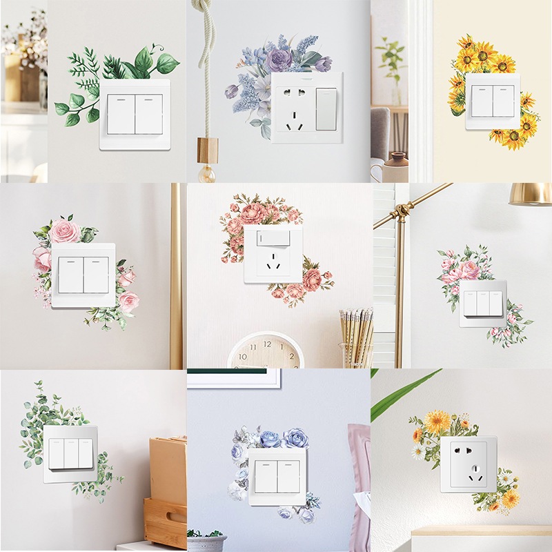 HJ402 พืชสีเขียว Rose Daisy Peony ดอกไม้ Leaf Switch สติกเกอร์ตกแต่งบ้านสติ๊กเกอร์ติดผนัง Self-Adhesive