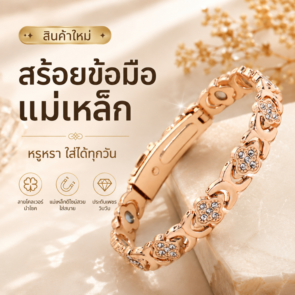 กำไลข้อมือแม่เหล็ก ใบโคลเวอร์ประดับเพชร แฟชั่น ดูแพง แมทช์ง่าย