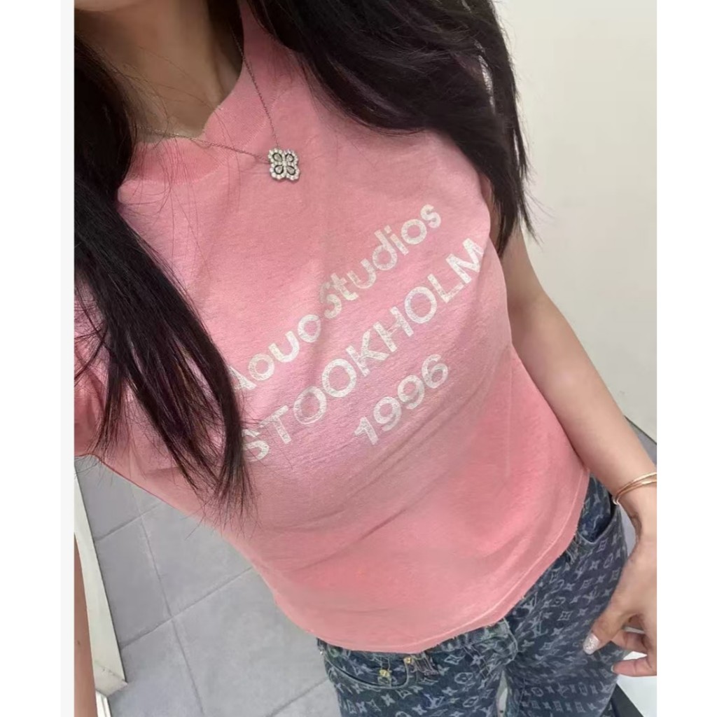 Slim Fit Peach Pink Classic Letter Graphic Print เสื้อยืดแขนสั้น A-Style