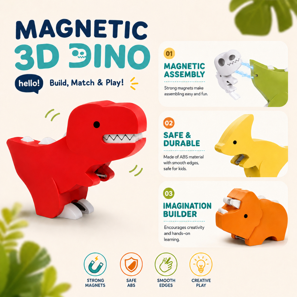 ของเล่นแม่เหล็กไดโนเสาร์ 3D ต่อประกอบได้ ถอดได้ แม่เหล็กแรงสูง เสริมพัฒนาการเด็ก ของเล่นเพื่อการศึกษา