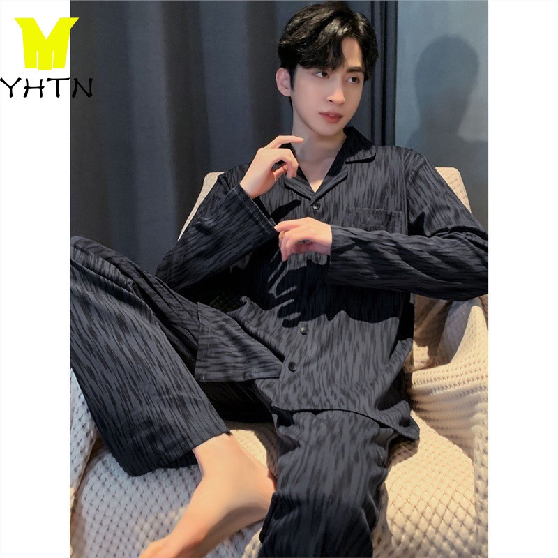 YHTN ชุดนอนผู้ชายผ้าฝ้ายแท้ 100% ผู้ชายความรู้สึกระดับไฮเอนด์สามารถสวมใส่นอกลําลองผ้าฝ้ายฤดูใบไม้ผลิฤดูใบไม้ร่วง ชุดบ้าน ชุดชุดนอนผู้