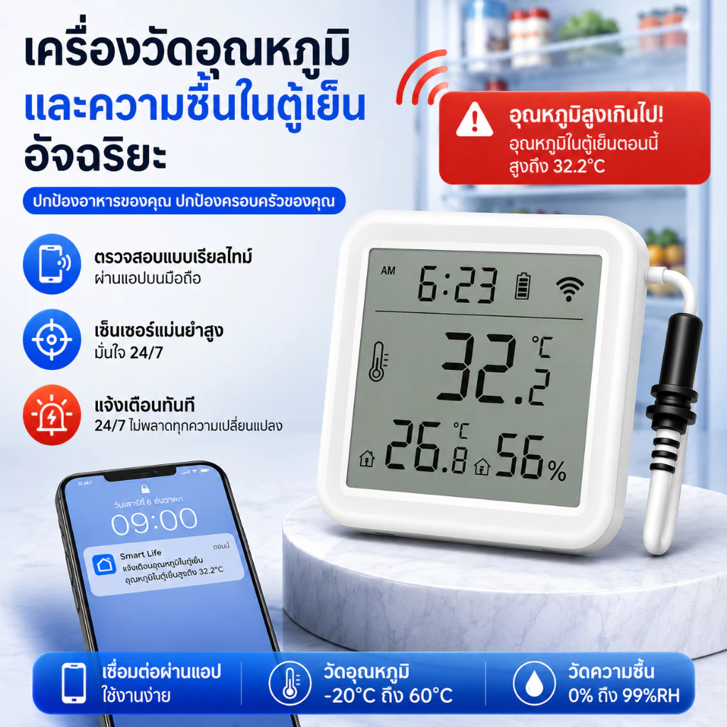 DAYTECH สัญญาณเตือนอุณหภูมิตู้เย็น WIFI พร้อมการแจ้งเตือนแอพจอภาพและจอแสดงผลดิจิตอลที่ชัดเจนสําหรับบ้าน