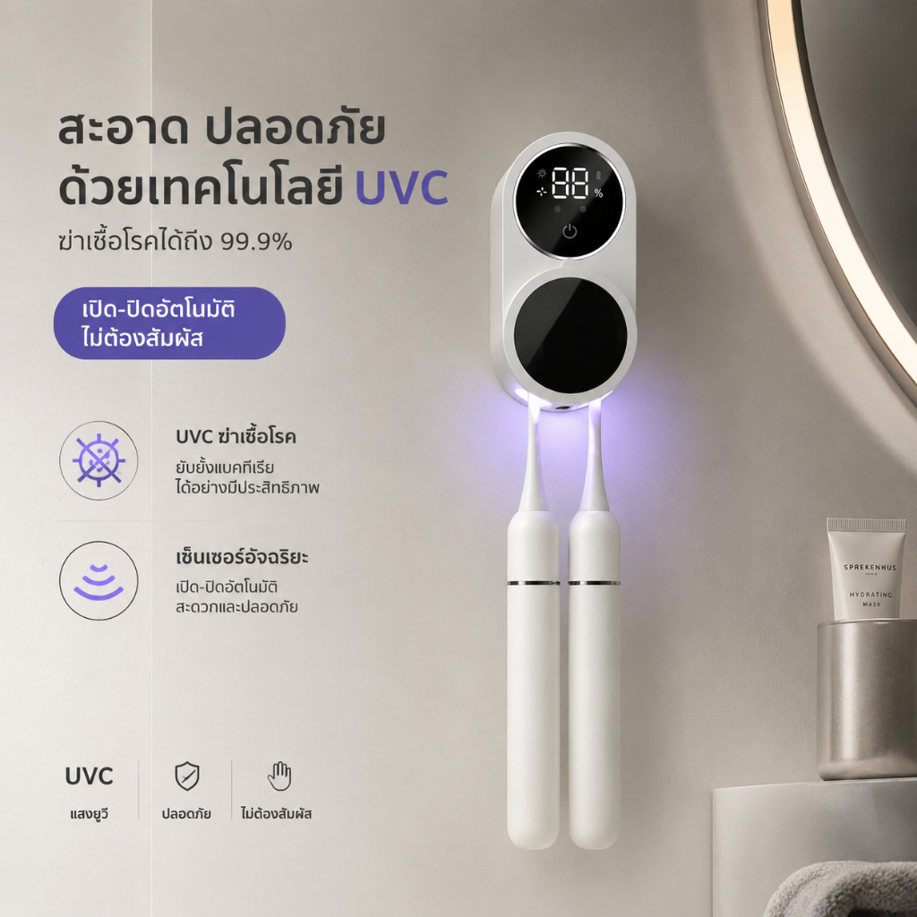 กล่องฆ่าเชื้อฟันอัตโนมัติแบบอัจฉริยะ สำหรับคนสองคน พร้อมระบบตรวจจับอัตโนมัติ ใช้แสงยูวีฆ่าเชื้อ อบแห้ง ควบคุมด้วยส่วนควบคุมแบบสัมผัสเดียว ติดผนังได้ ชุดวางของสองในหนึ่ง ไม่ต้องเจาะรู