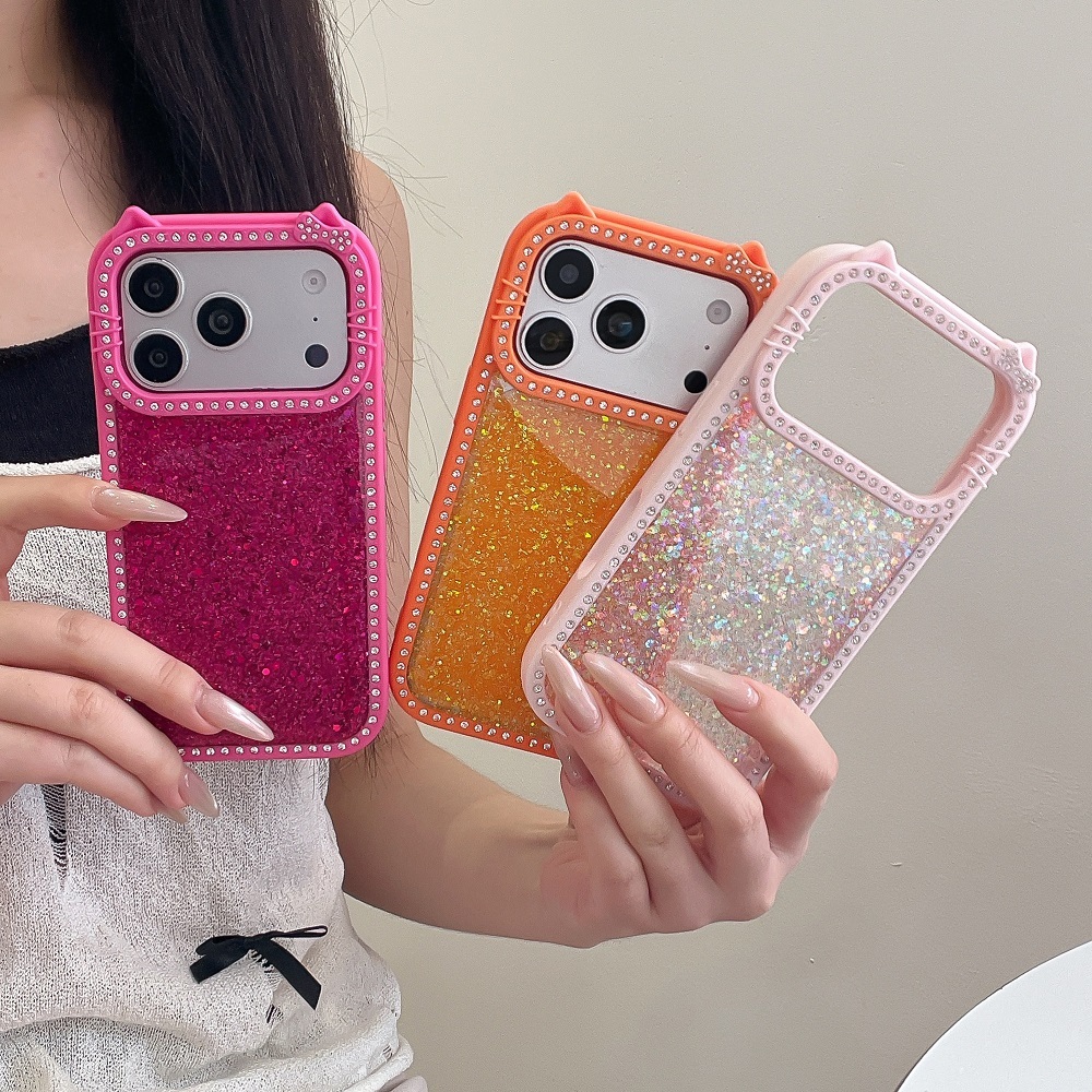 กรอบแมวสองด้านเพชรแวววาวเลื่อมอีพ็อกซี่เคสโทรศัพท์กันกระแทกป้องกัน @-