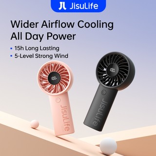 JISULIFE Handheld Fan Life4 Strong Wind Mini Fan for School Rechargeable Portable Hand Fan with 15H Battery Life Small Electric Turbo Fan LED Display Safety Lock with Lanyard