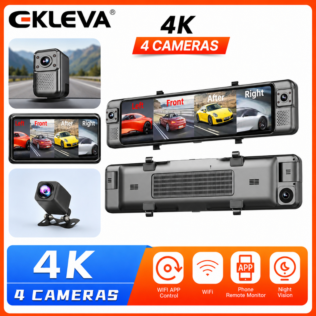 EKLEVA 4CH Dash Cam 11 นิ้ว 4K + 1K + 1K WIFI กระจกมองหลัง 4 กล้องบันทึกวิดีโอรถ DVR ADAS BSD Night 