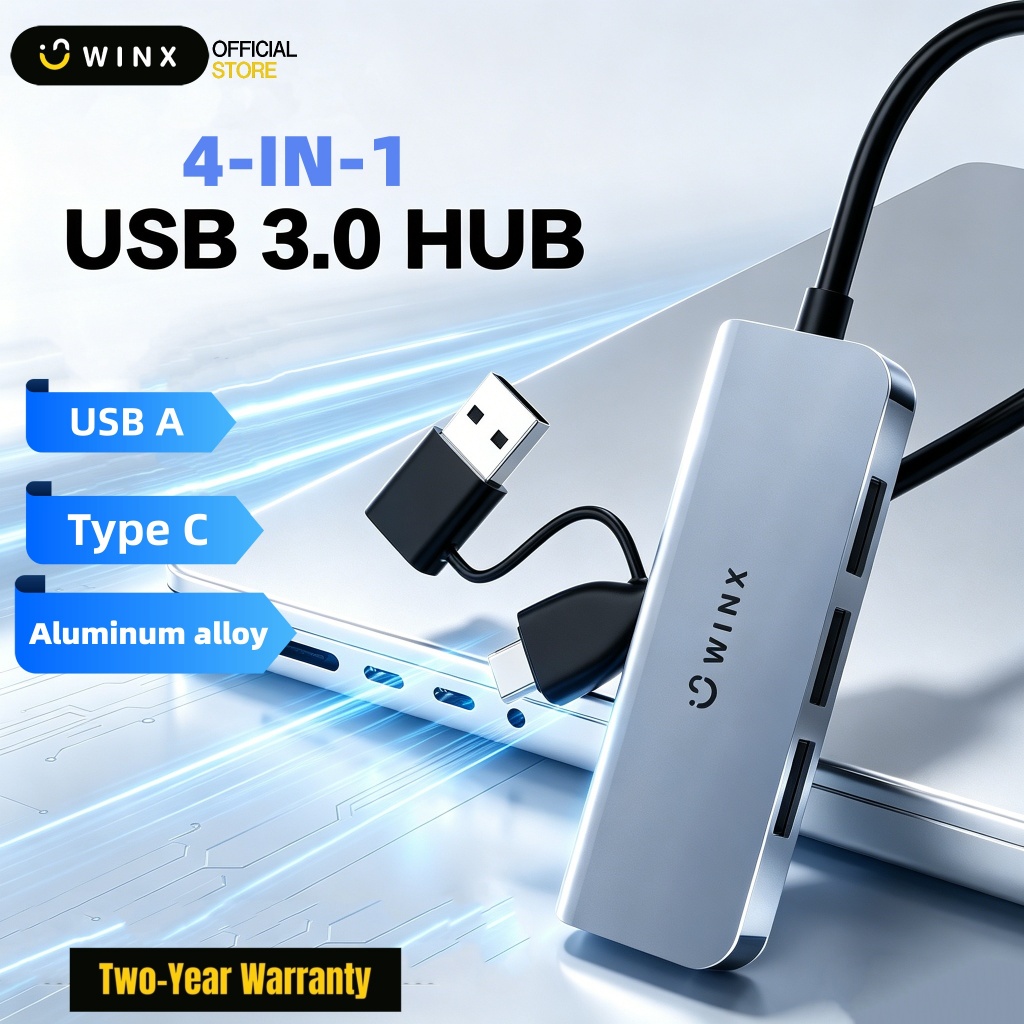 WINX 4-in-1 USB A/Type C Usb Hub อลูมิเนียม 4 พอร์ต 5Gbps ความเร็วสูง Usb Splitter สําหรับอุปกรณ์เสริมคอมพิวเตอร์ Docking Station รับประกัน 2 ปี