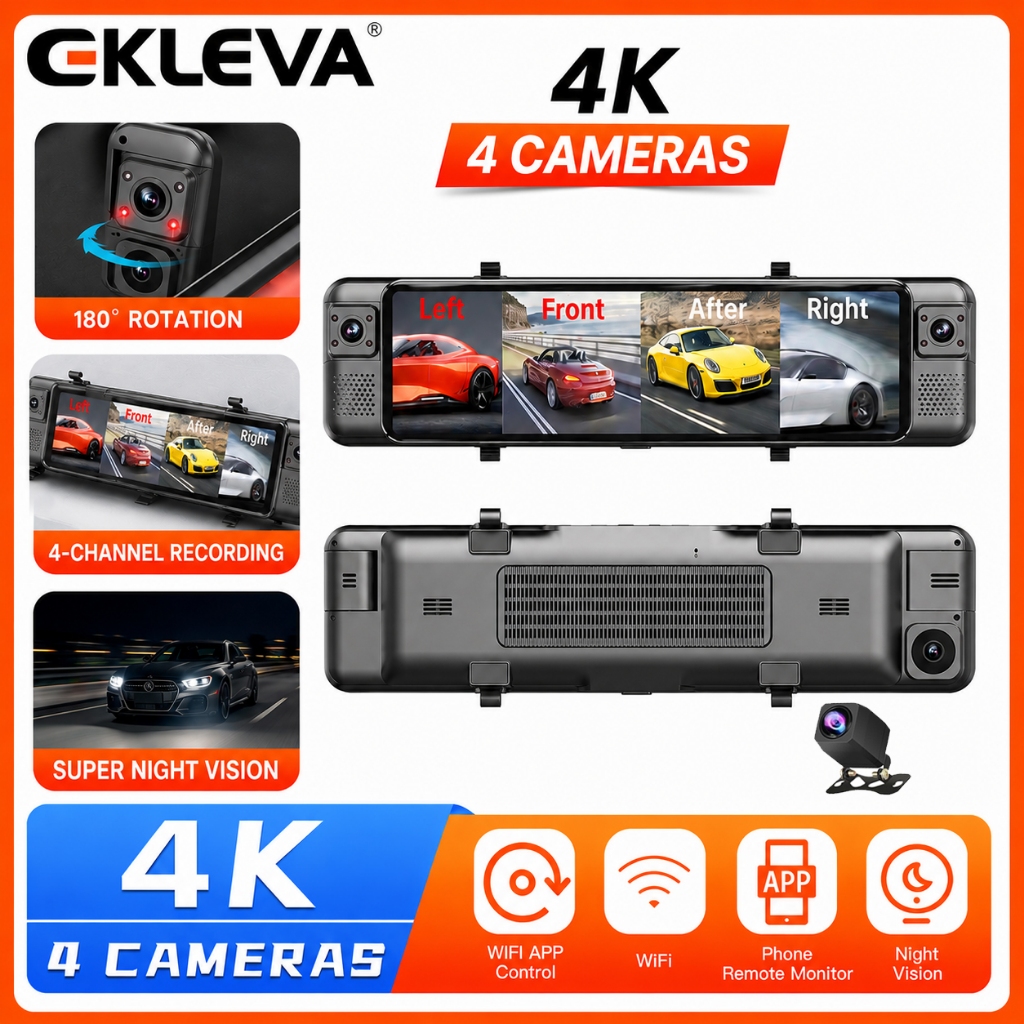 EKLEVA 4CH Dash Cam 11 นิ้ว 4K + 1K + 1K WIFI กระจกมองหลัง 4 กล้องบันทึกวิดีโอรถ DVR ADAS BSD Night 