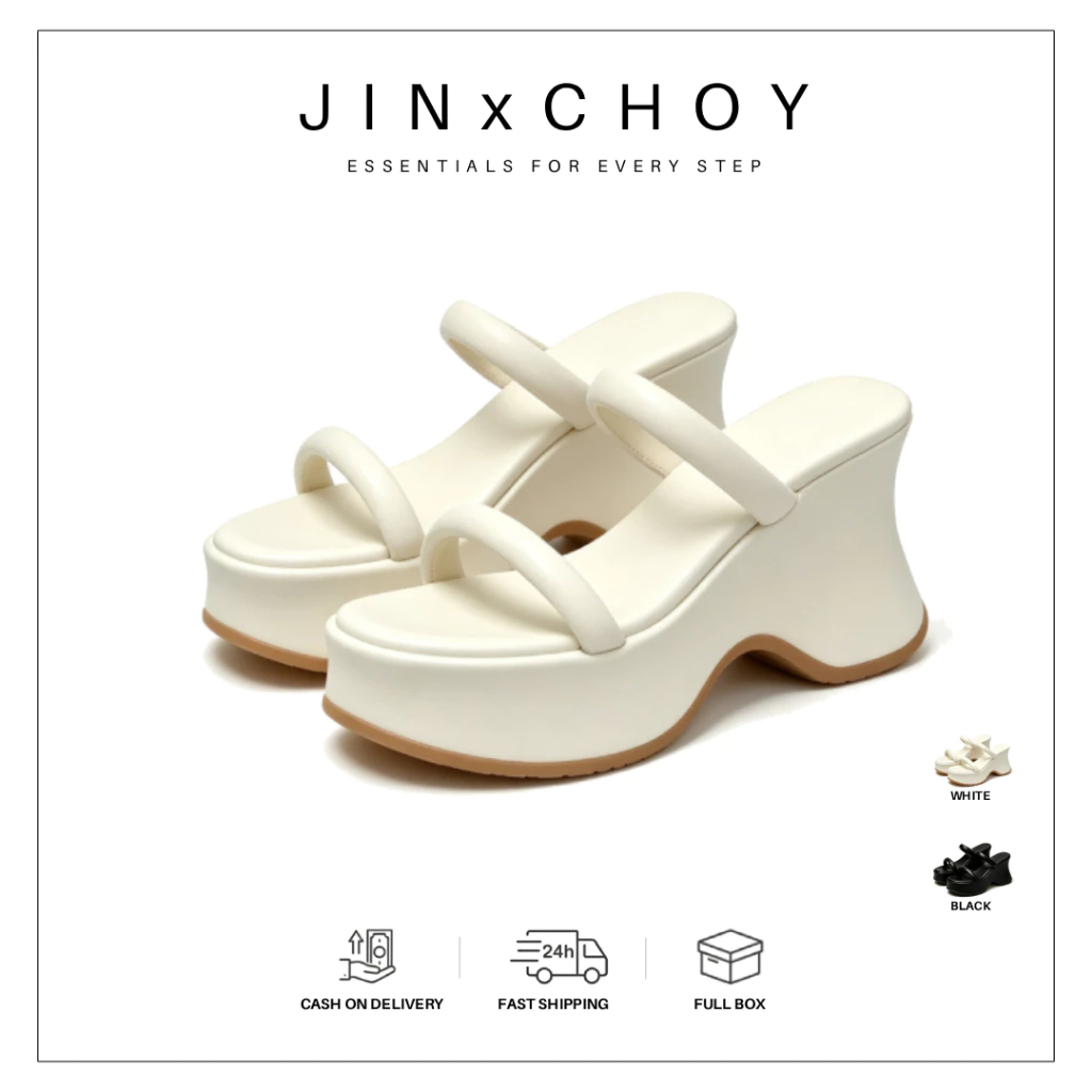 JINxCHOY รองเท้าแตะส้นหนาสไตล์ฝรั่งเศส PU ฤดูร้อน สีพื้นใหม่ เรียบง่าย กลางแจ้ง กันลื่น ส้นสูงแบบสายเดี่ยว ราคาขายส่งจากโรงงาน