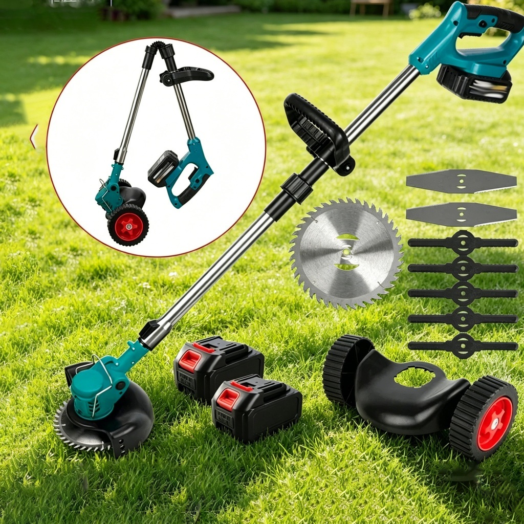 Amiluo เครื่องตัดหญ้าไฟฟ้าไร้สาย แบตเตอรี่ลิเธียม 1800W พับเก็บได้ พร้อมล้อ ใบมีด 6 นิ้ว