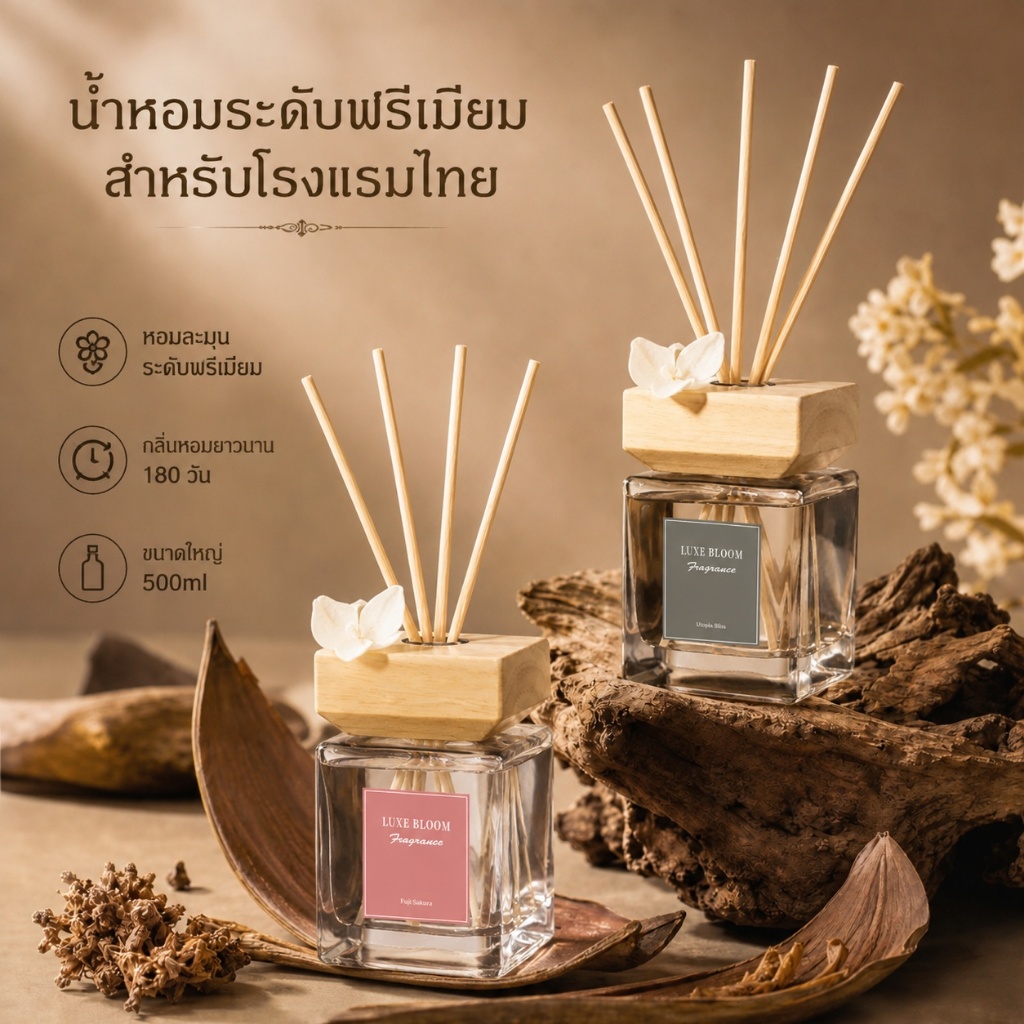 ก้านไม้หอมปรับอากาศ 500ml น้ำมันหอมระเหยจากพืชธรรมชาติ กลิ่นโรงแรม หอมยาวนาน 180 วัน