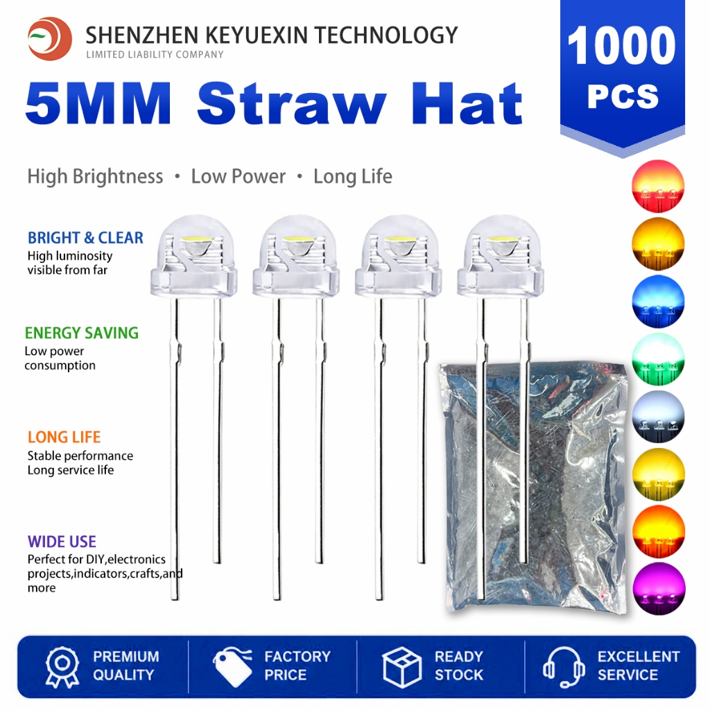 1000 ชิ้น/แพ็ค LED Straw Hat 5mm 4.8มม. ทรงหมวก หมวกฟาง เลนส์ขาวใส ไดโอดเปล่งแสง สีแดง เหลือง เขียว น้ำเงิน สีขาว ส้ม สีชมพู Warm White ม่วง UV