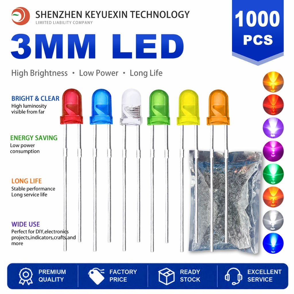 1000 ชิ้น/แพ็ค LED 3mm F3 Round LED ไดโอดเปล่งแสง แดง เหลือง เขียว น้ำเงิน ขาว ส้ม สำหรับวงจรอิเล็กทรอนิกส์ DIY