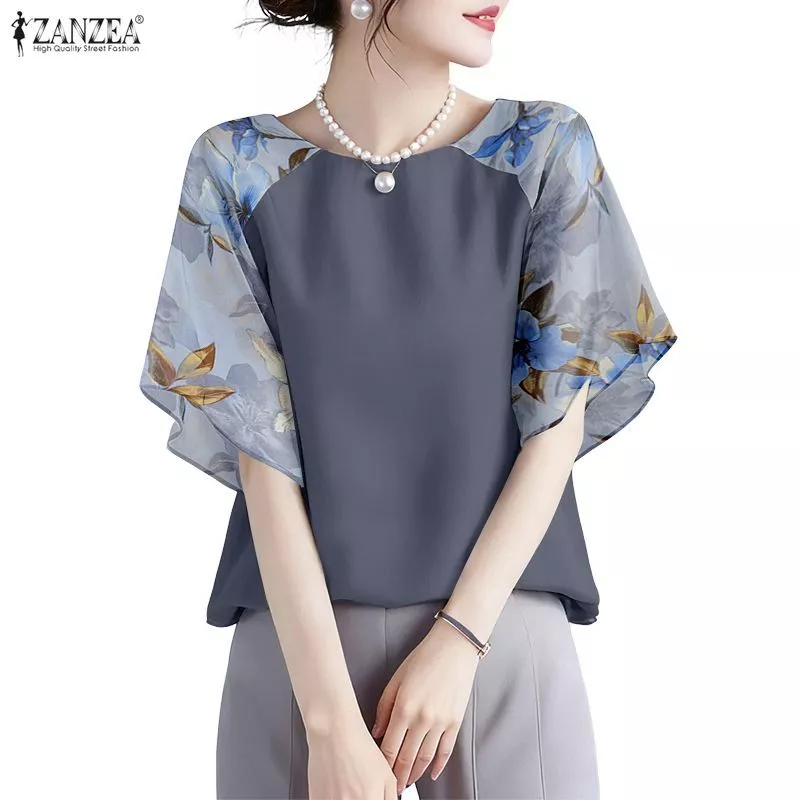 ZANZEA เสื้อผู้หญิงเกาหลีคอกลมสบาย ๆ แขนห้าส่วนแต่งระบาย ลายดอกไม้ต่อผ้า