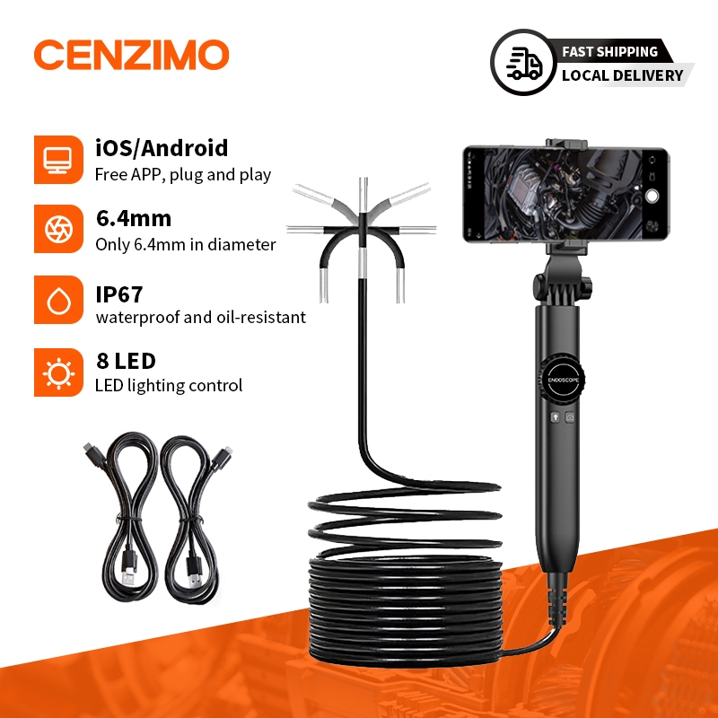 กล้องเอนโดสโคป Cenzimo 8 LEDs 360° ขาตั้งหมุนได้กันน้ําสําหรับท่อรถยนต์ Wall iOS Android