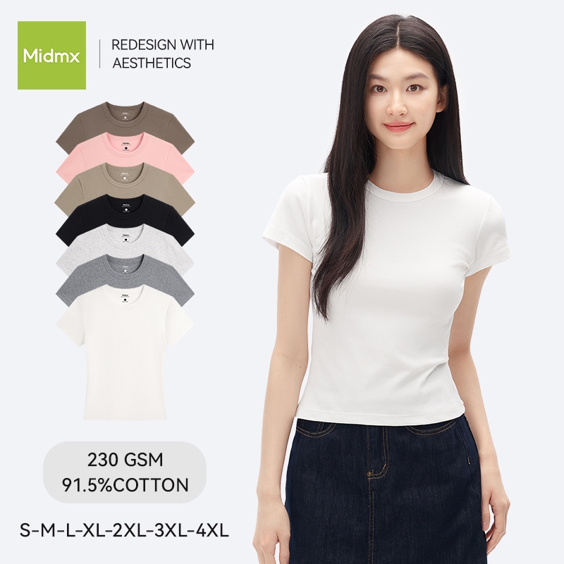 MIDMX เสื้อแขนสั้นทรงเข้ารูปคอกลมสำหรับฤดูร้อน เสื้อคอกลมสไตล์เกาหลี