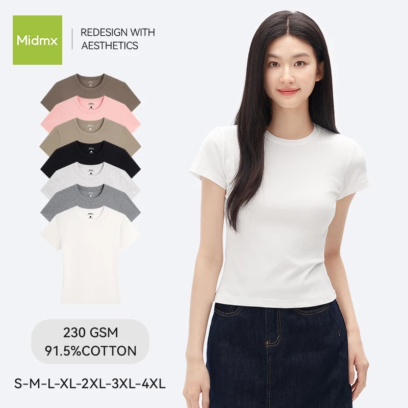 MIDMIDMX เสื้อยืดผู้หญิงคอกลม ผ้านุ่ม เสื้อยืดเข้ารูป เสื้อสไตล์เกาหลี ผ้านุ่มสบาย ระบายอากาศดี ไม่ต้องรีด สีพื้น ทรงผู้หญิง COD