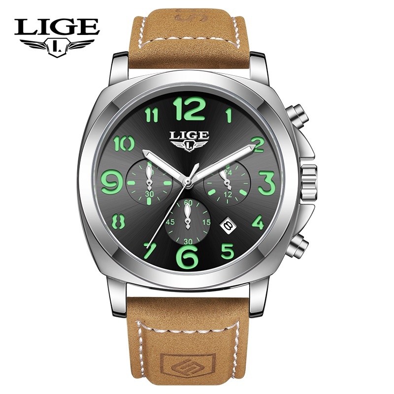 LIGE 892224 Sporty Casual Mens Quartz Watch Chronograph Leather Strap Trend Retro Male Watch Gift