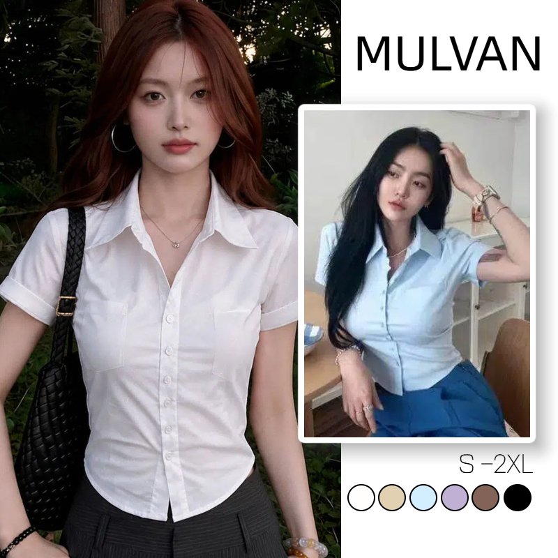 เสื้อเชิ้ตผู้หญิงแขนสั้น ทรงรัดเอ ขนาดบวก สไตล์เกาหลี