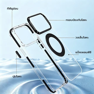 OSGEERเคสป้องกันการตกแบบใสสําหรับ iPhone11/12/13/14/15/16/17 Pro Max แหวนแม่เหล็กในตัว 360° หมุนขาตั้งโลหะยกกรอบกล้องกันกระแทกใส