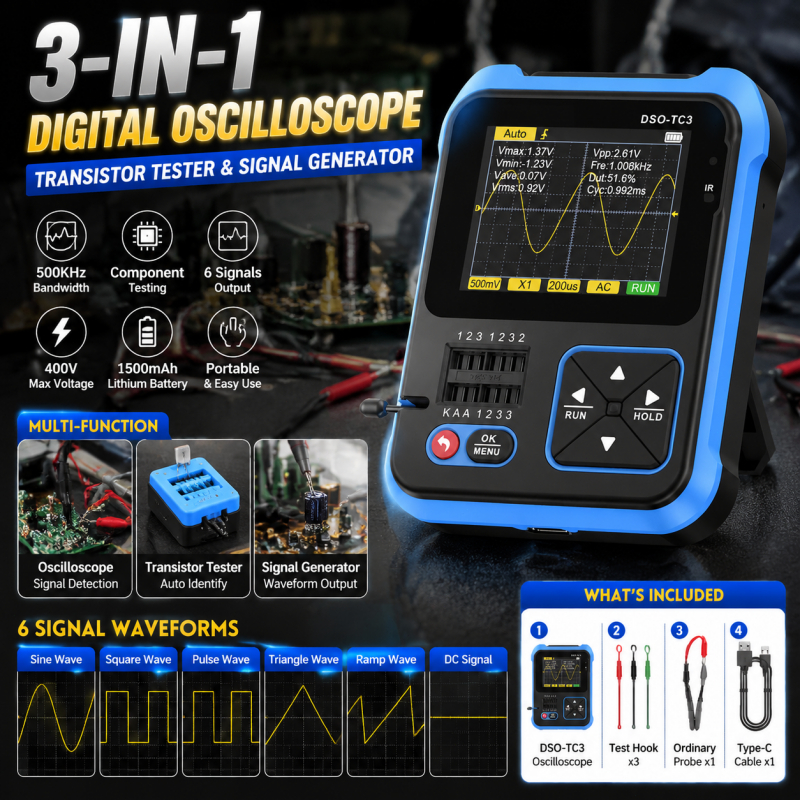 Th FNIRSI DSO-TC3 Digital Oscilloscope เครื่องทดสอบทรานซิสเตอร์ฟังก์ชั่นสัญญาณเครื่องกําเนิดไฟฟ้า 3 ใน 1 มัลติฟังก์ชั่นอิเล็กทรอนิกส์ Component Tester