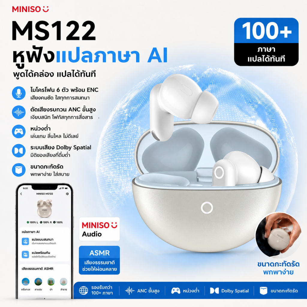 MINISO MS122 ชุดหูฟังไร้สาย Bluetooth 6.0 Latency ต่ําไฮไฟสเตอริโอตัดเสียงรบกวนชุดหูฟังบลูทูธ