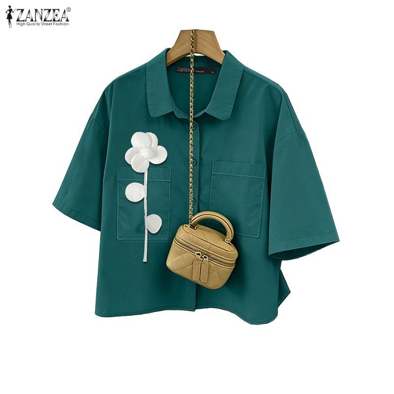 ZANZEA ผู้หญิงแฟชั่นเกาหลี Casual Turn-Down-Collar 3/4 แขน 3D ดอกไม้ตกแต่งหลวมเสื้อปุ่ม — صورة 6