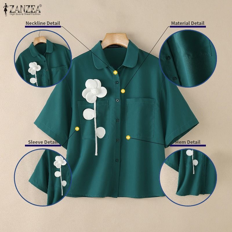 ZANZEA ผู้หญิงแฟชั่นเกาหลี Casual Turn-Down-Collar 3/4 แขน 3D ดอกไม้ตกแต่งหลวมเสื้อปุ่ม — صورة 7