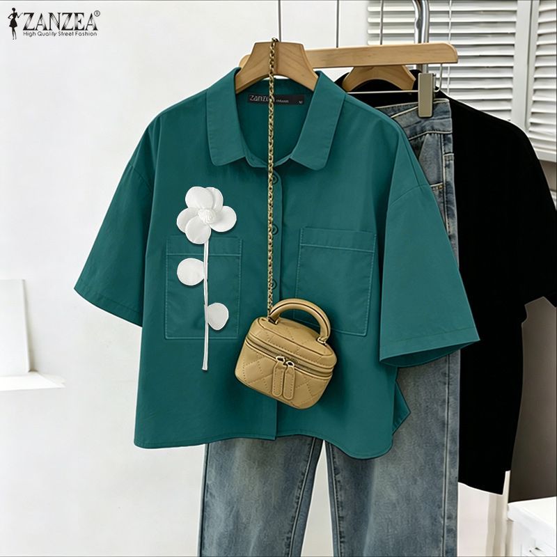 ZANZEA ผู้หญิงแฟชั่นเกาหลี Casual Turn-Down-Collar 3/4 แขน 3D ดอกไม้ตกแต่งหลวมเสื้อปุ่ม — صورة 5