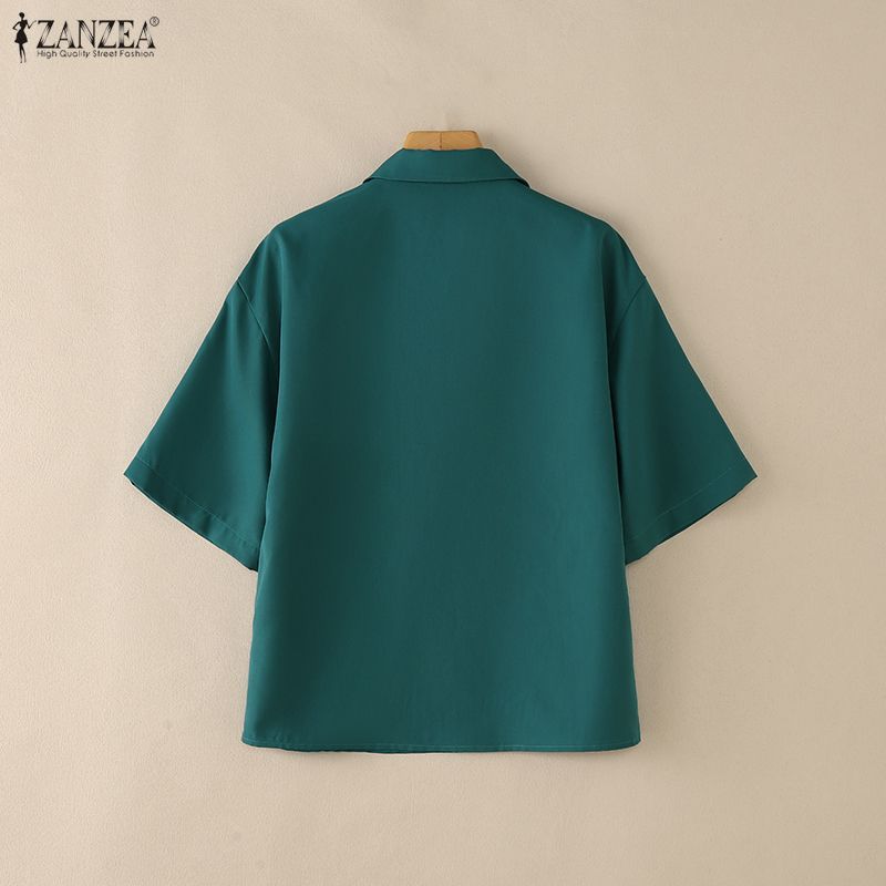 ZANZEA ผู้หญิงแฟชั่นเกาหลี Casual Turn-Down-Collar 3/4 แขน 3D ดอกไม้ตกแต่งหลวมเสื้อปุ่ม — صورة 8