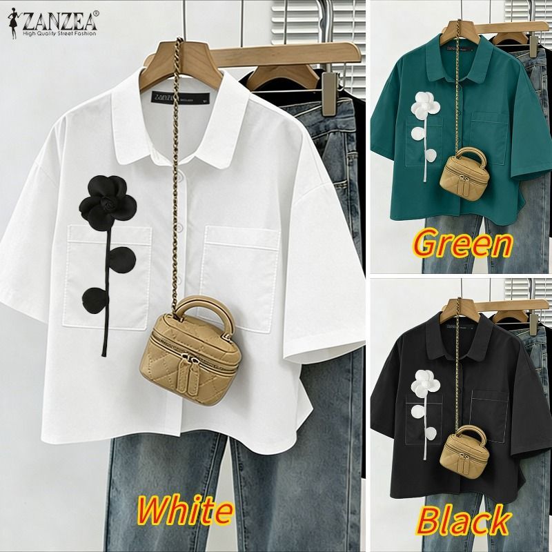 ZANZEA ผู้หญิงแฟชั่นเกาหลี Casual Turn-Down-Collar 3/4 แขน 3D ดอกไม้ตกแต่งหลวมเสื้อปุ่ม — صورة 3