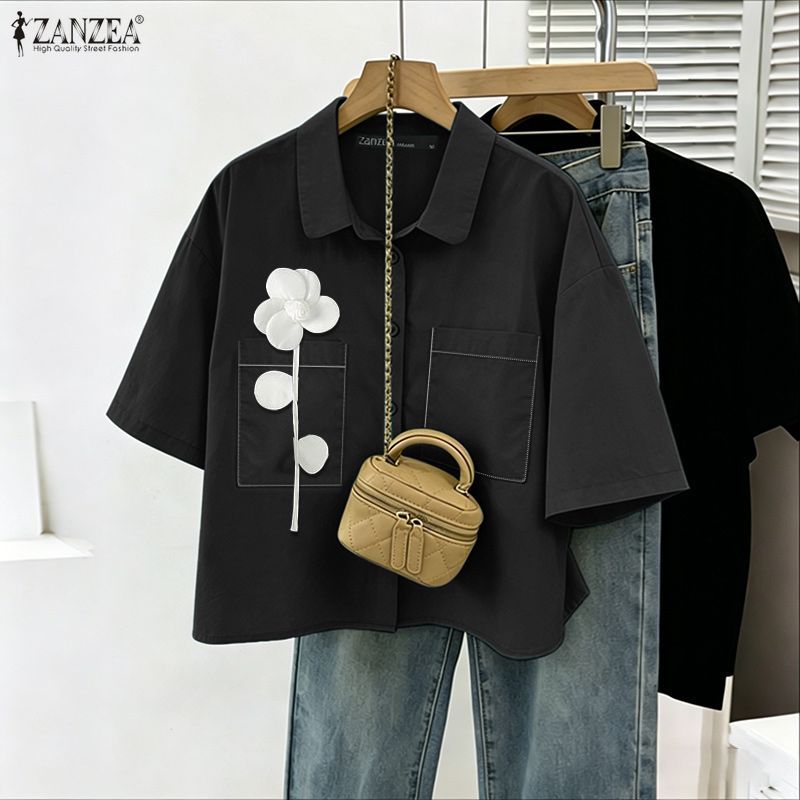 ZANZEA ผู้หญิงแฟชั่นเกาหลี Casual Turn-Down-Collar 3/4 แขน 3D ดอกไม้ตกแต่งหลวมเสื้อปุ่ม — صورة 4