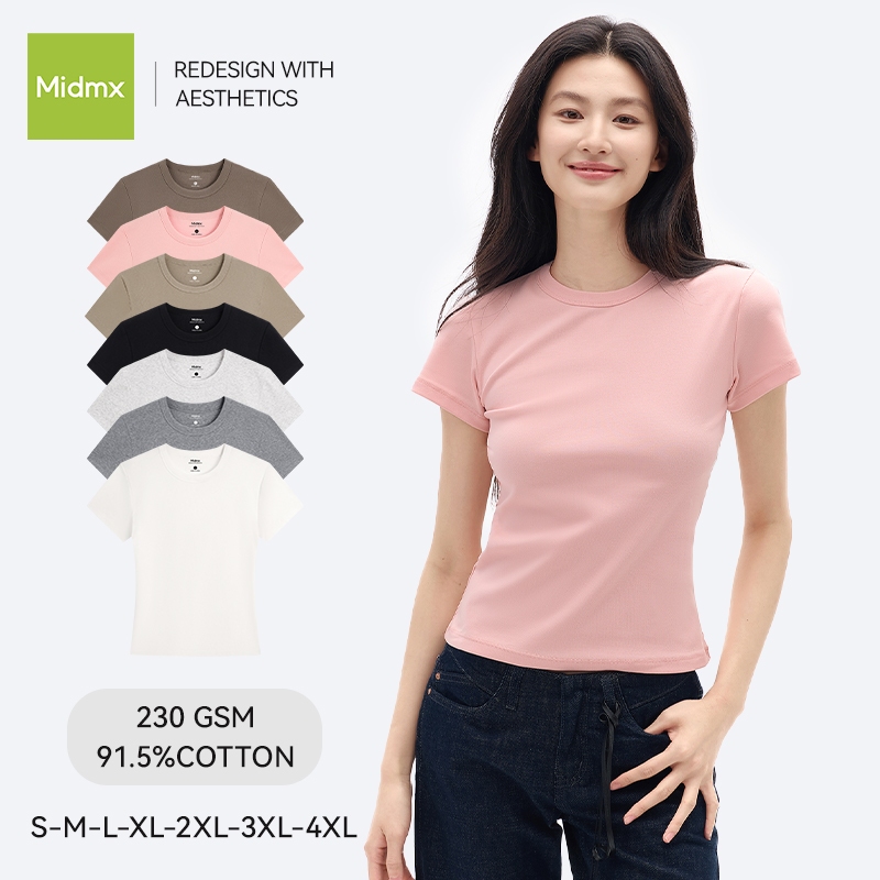 baby tee Midmx เสื้อยืดเข้ารูป เสื้อคอกลมสไตล์เกาหลี ดีไซน์คลาสสิค