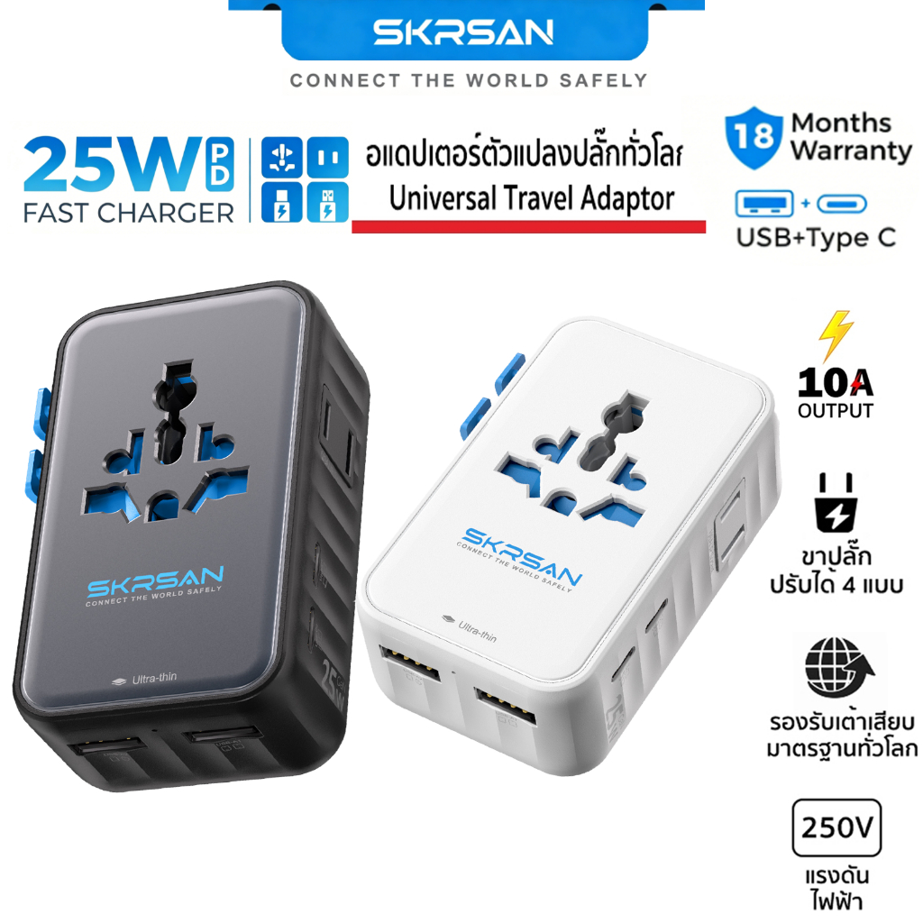 SKRSAN Universal Travel Adapter 45W/25W อะแดปเตอร์ปลั๊กเดินทางทั่วโลกพร้อมพอร์ต USB A และ USB C ใช้ได้กับ 200+ ประเทศ (US/EU/UK/AU/AS)