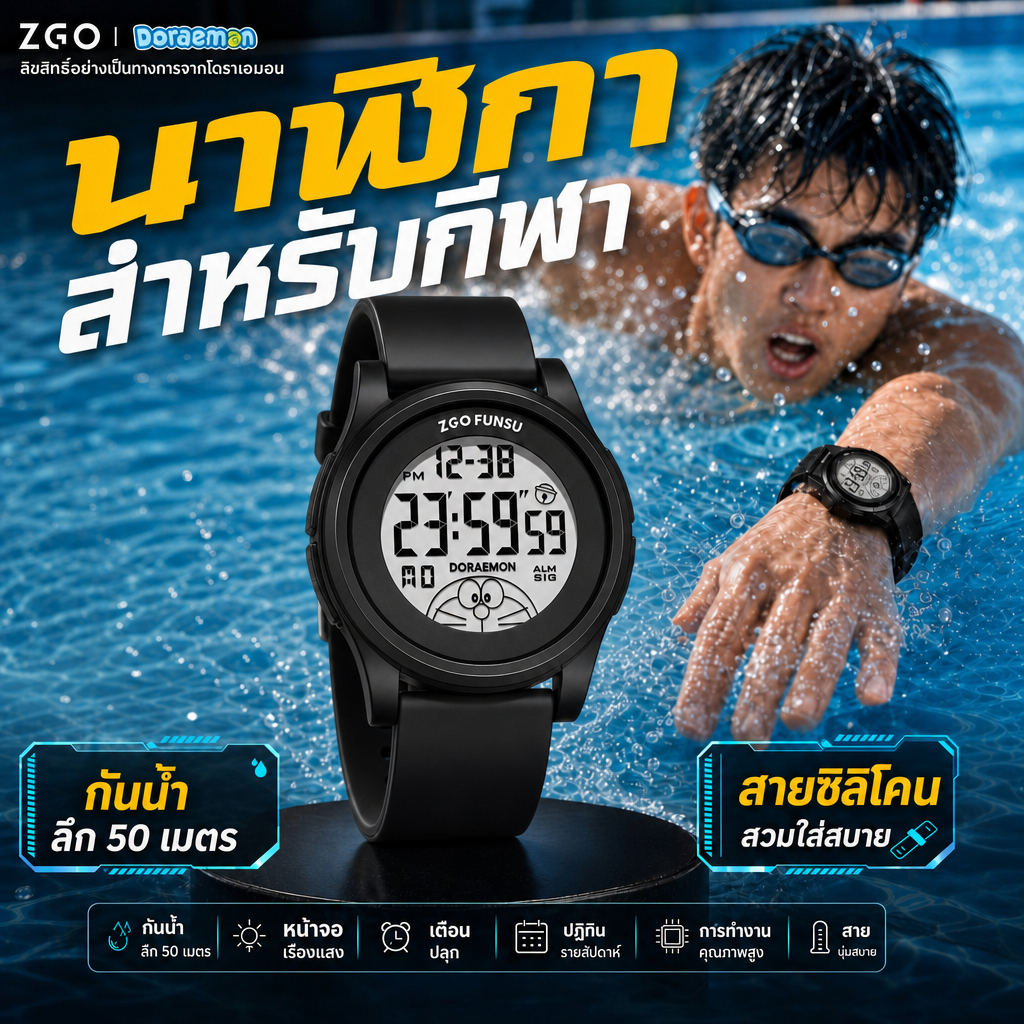 ZGO Doraemon นาฬิกาดิจิตอลเด็ก กันน้ำลึก50เมตร หน้าจอเรืองแสง นาฬิกากีฬานักเรียน สายซิลิโคนนุ่ม ใส่ได้ทั้งชายหญิง 8592