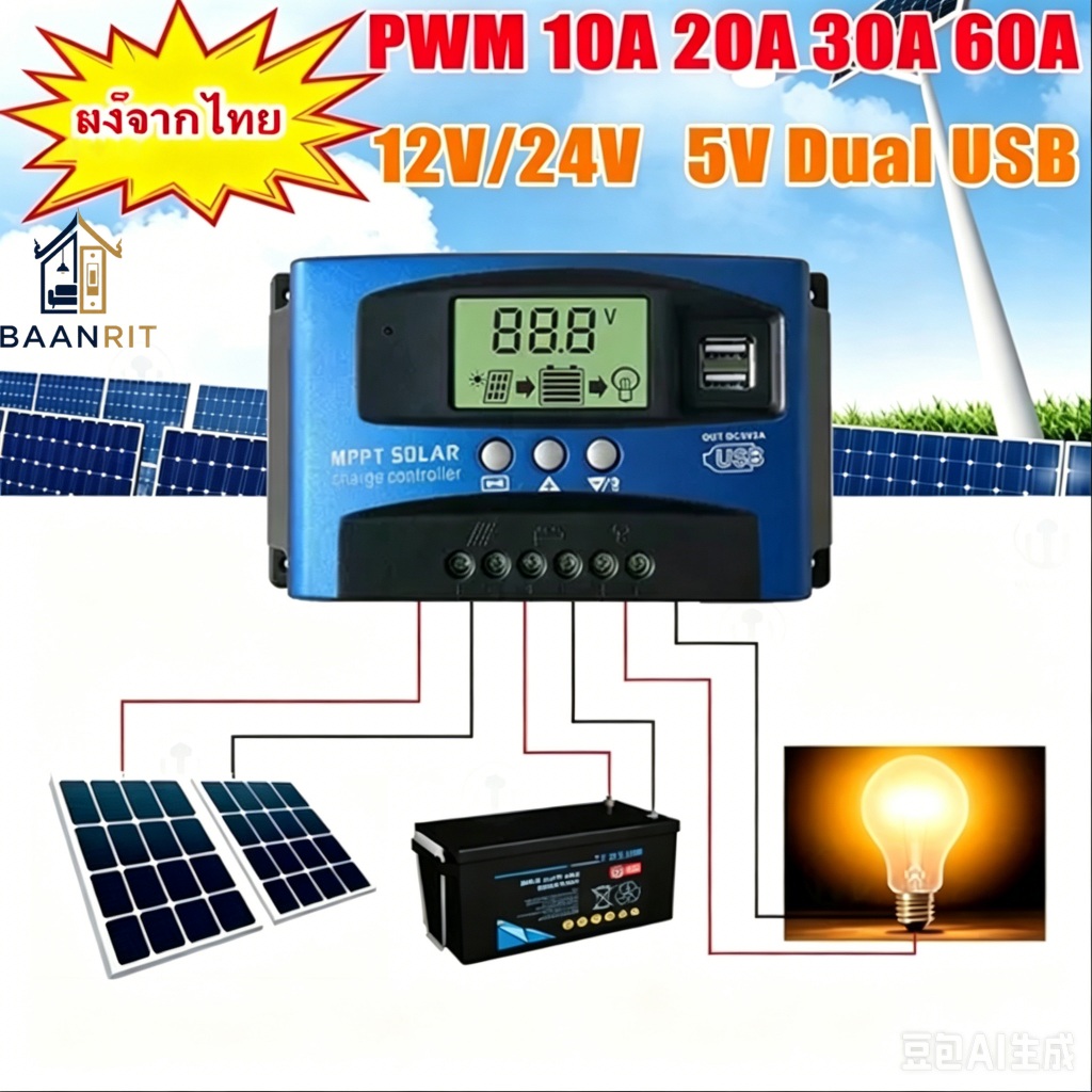MPPT ชาร์จเจอร์ 12v24v solar charger controlle 60A/100A ชาร์จเจอร์โซล่าเซลล์ ชาร์จเจอร์ มีจอแสดงผล