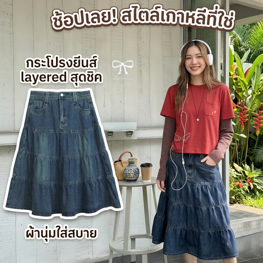 นางสาวกระโปรงยีนส์ยาว ผ้าเนื้อนุ่ม ดีไซน์ Y2Kกระโปรงแฟชั่น A-line style ระบายซ้อนกัน