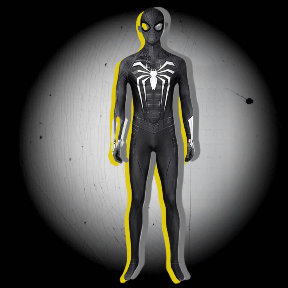 ผู้ชายสีดําสีขาวตารางเว็บพิมพ์ City Hero คอสเพลย์เครื่องแต่งกาย: ยืด Zentai Jumpsuit และหน้ากาก Hooded สําหรับ Comic Con ฮาโลวีน