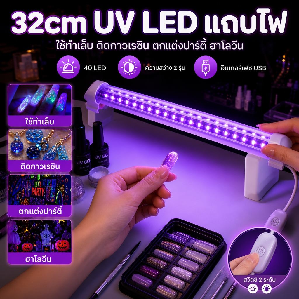 32cm UV LED Light แถบไฟ LED 40 ดวง 10W USB สีม่วง แบบพกพา สีดํา สําหรับห้อง แสงยูวีสีดำ น้ำท่วมไฟดิสโก้เวทีปาร์ตี้แสงแสงอัลตราไวโอเลตหลอดฟลูออเรสเซนต์แสงสีดำปาร์ตี้วันฮาโลวีนคริสต์มาส