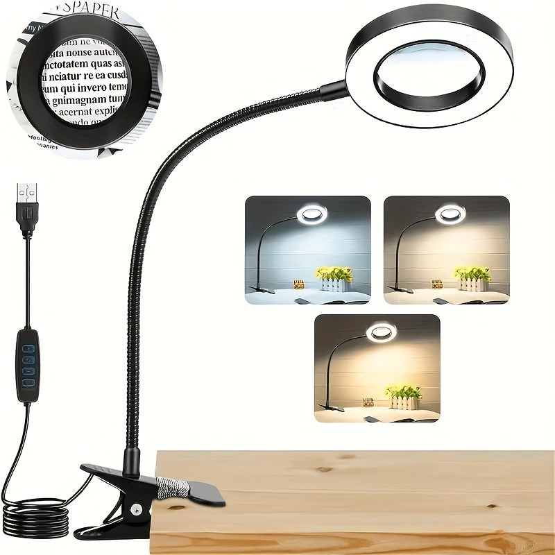 LED คลิปบนแว่นขยายโคมไฟตั้งโต๊ะ USB หรี่แสงได้ยืดหยุ่น Gooseneck โคมไฟตั้งโต๊ะสําหรับแฮนด์ฟรีใช้ในหัตถกรรมและภาพวาด