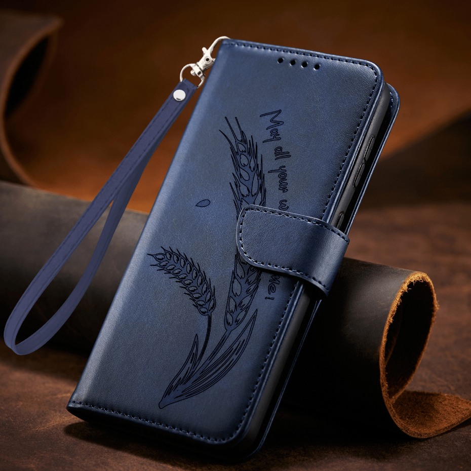 เคสกระเป๋าสตางค์หนังข้าวสาลีลายนูนแม่เหล็กสําหรับ ไอโฟน 17 16 15 14 13 ฝาครอบแบบพลิกพร้อมสายรัดข้อมือ