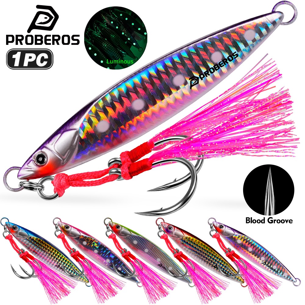 Proberos 40g-100g ปลาซาร์ดีน Slider Jigging Lure เคลือบ UV ยาวหล่อโลหะ Jig Fishing Lure luminous jigging Lure ตกปลาทะเล Jigs