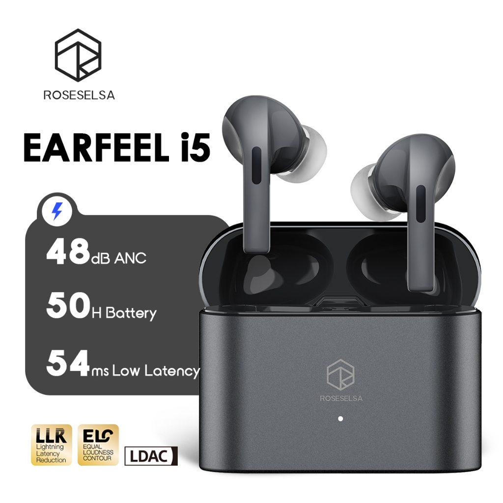ROSESELSA EARFEEL i5 หูฟังไร้สายตัดเสียงรบกวน ANC 48dB เสียง Hi-Res รองรับ LDAC โหมดเกม ดีเลย์ต่ำ 54ms เชื่อมต่อพร้อมกัน 2 อุปกรณ์ ไมค์ 4 ตัว + AI โทรชัด แบตอึดสูงสุด 50 ชม.ชาร์จเร็ว 10 นาที ฟังได้ 12 ชม. กันน้ำ IPX5