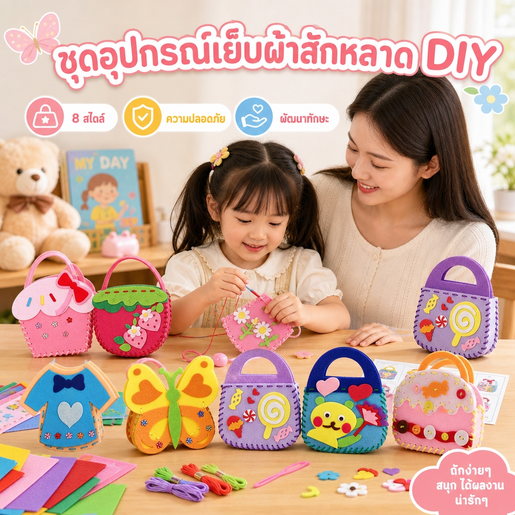 ชุด DIY เย็บผ้าผ้าไม่ทอ ลายการ์ตูน 8 ชิ้น ฝึกสมาธิ EF มีเข็มปลอดภัย ชุดกระเป๋าถือสําหรับเด็ก หัดทําของเล่นฝึกสมาธิ กระเป๋าDIY หัดเย็บ ของเล่นงานประดิษฐ์ กระเป๋าโฟมลายการ์ตูน พร้อมอุปกรณ์ กระเป๋าหัดเย็บ