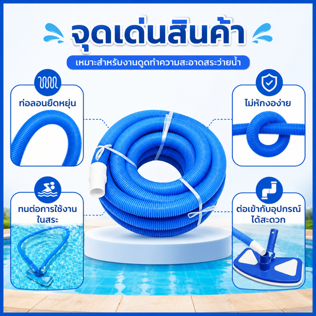 สายดูดตะกอนสระว่ายน้ำ ท่อดูดน้ำ สายดูดน้ำ PE ขนาด 1.5 นิ้ว ยาว 9 เมตร ใช้ทำความสะอาดทราย บ่อน้ำและปลา