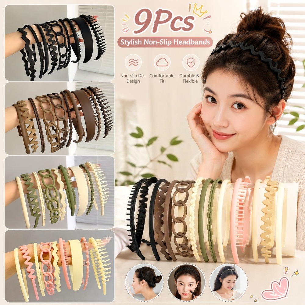9 ชิ้น/เซ็ตสีทึบผู้หญิงที่คาดผมกันลื่นแฟชั่นล้างหน้าเครื่องประดับผม