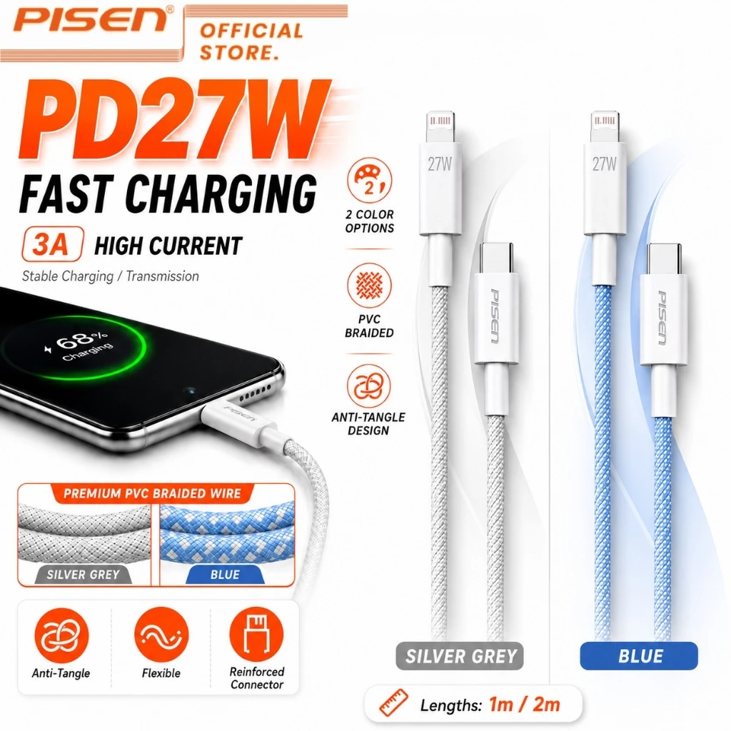 PISEN(CL-PD10) PD27W Type C to L Fast Charging Cable 3A สายชาร์จถักพรีเมียม ทนทานพิเศษ ชาร์จไว 1M/2M