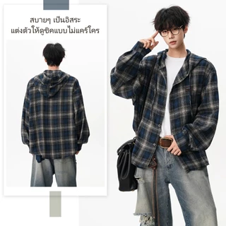 HI2O.เสื้อเชิ้ตแขนยาวลายสก๊อต มีฮู้ด เสื้อผ้าป้องกันแสงแดดสไตล์เป็นกลาง สไตล์ย้อนยุคแบบอเมริกัน สบายๆ