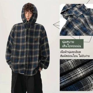 HI2O.เสื้อเชิ้ตแขนยาวลายสก๊อต มีฮู้ด เสื้อผ้าป้องกันแสงแดดสไตล์เป็นกลาง สไตล์ย้อนยุคแบบอเมริกัน สบายๆ